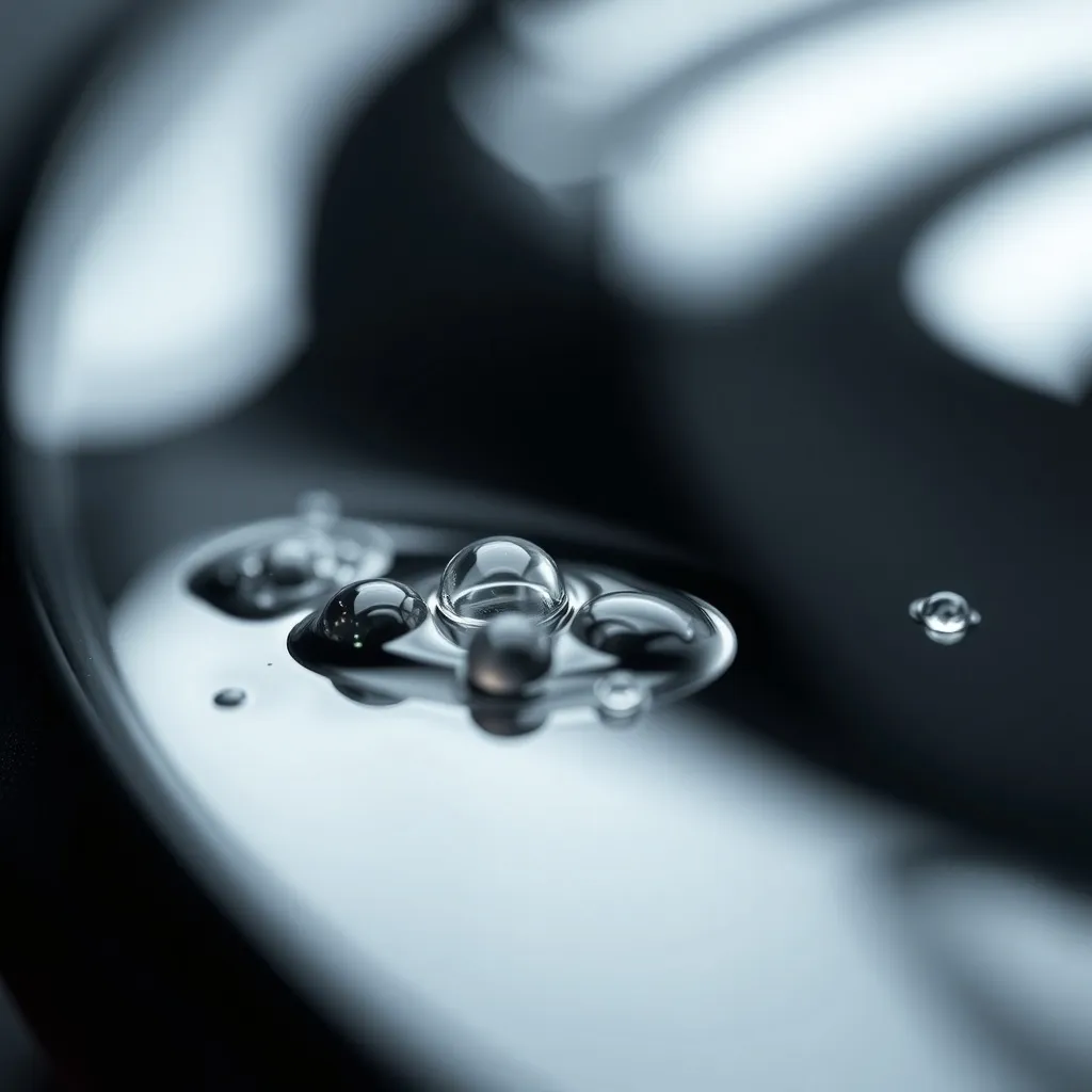 Close up of chemical liquid beads on a black metallic surfac