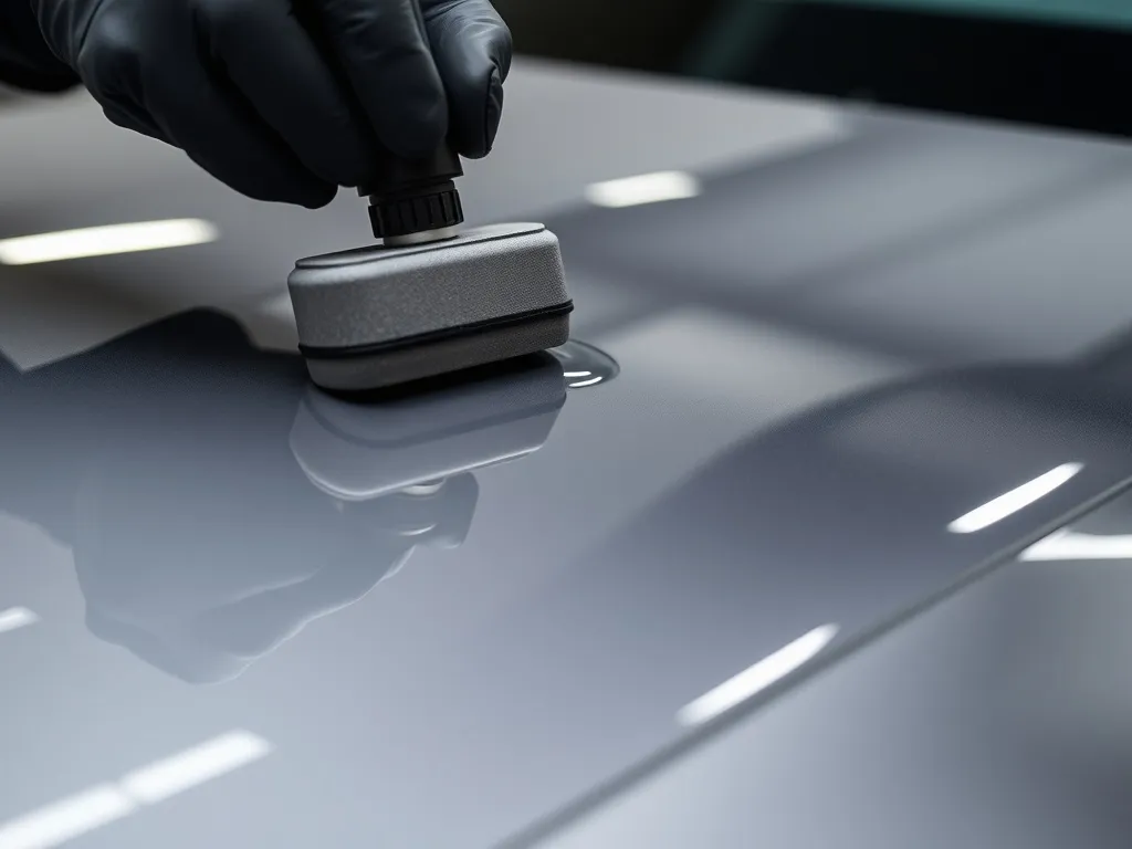 Applying ceramic coating with applicator block on luxury car