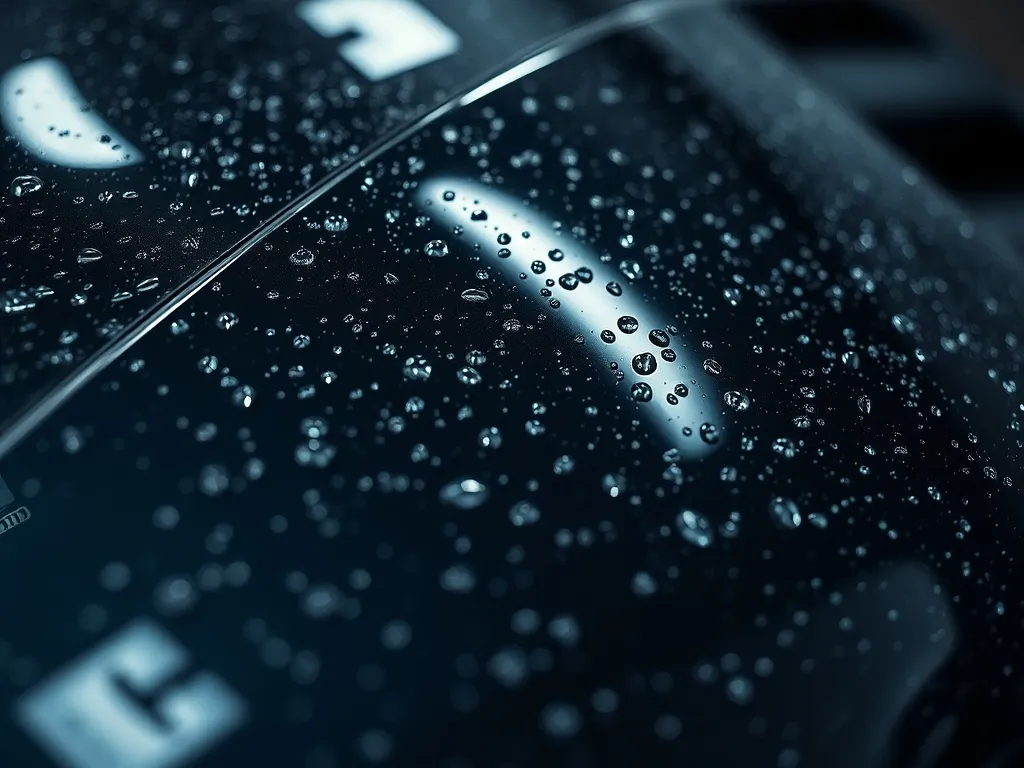 Close-up of a high-tech car body surface with water beads, d