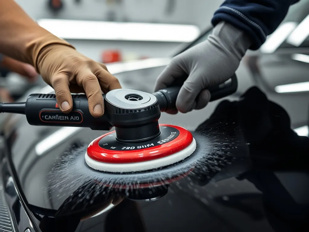 Close-up of dual action polisher on black car paint, profess