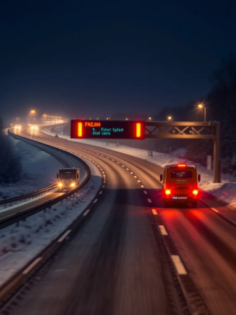 A snowy highway in Belgium at night with orange lights and s